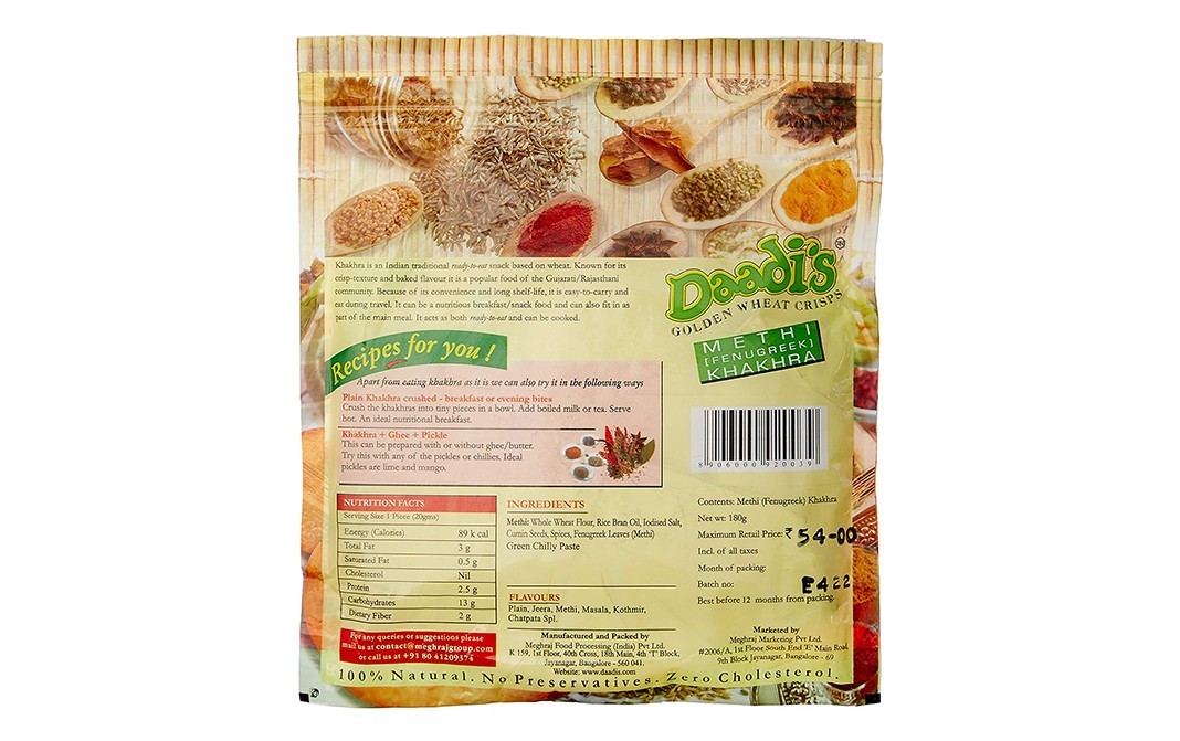 Daadi's Golden Wheat Crisps Methi Khakhra   Pack  180 grams